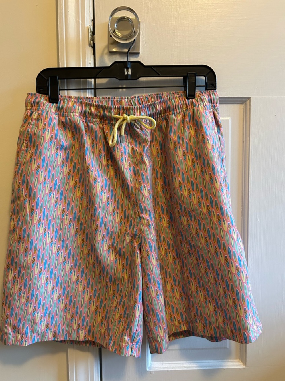 Peter Millar Pastel Multi-Color Surfboard Swim Trunks with Yellow Drawstring